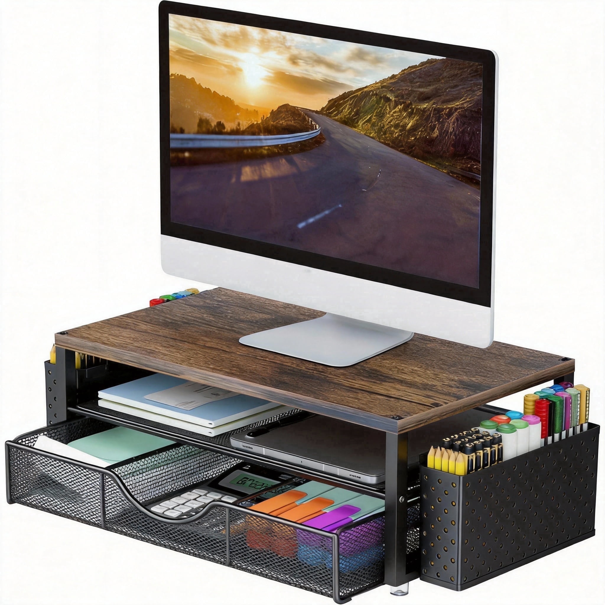 Desk Organizers and Accessories, 2 Tier Monitor Stand Riser with Drawer and 2 Pen Holder for Offices and Dormitories (Wood)