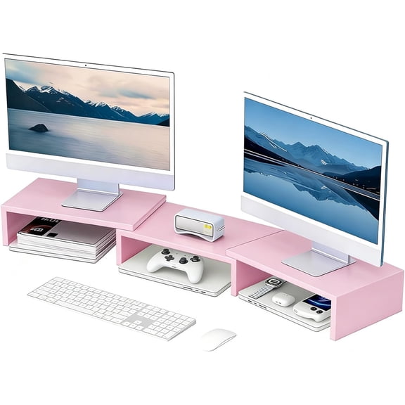Desk Organizers and Accessories, Dual Monitor Stand Riser, Monitor Desk Shelf for Desktop Organization (Pink)