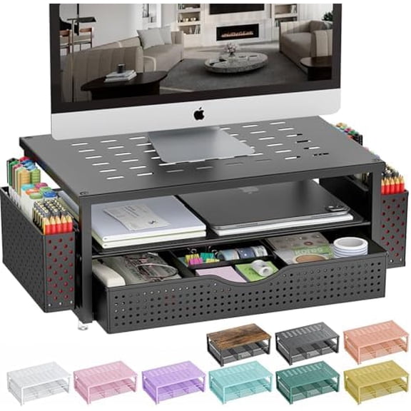 Desk Organizers and Accessories, Monitor Stand with Drawer and 2 Pen Holder, Desktop Organizer Suitable for Offices and Dormitories (Black)