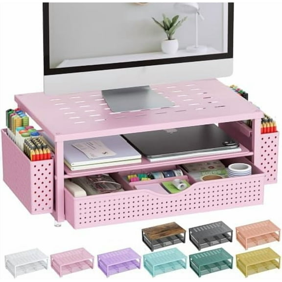 Desk Organizers and Accessories, Monitor Stand with Drawer and 2 Pen Holder, Desktop Organizer Suitable for Offices and Dormitories (Pink)