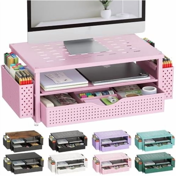 Desk Organizers and Accessories, Monitor Stand with Drawer and 2 Pen Holder, Desktop Organizer Suitable for Offices and Dormitories (Pink)