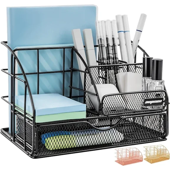 Desk Organizers and Accessories - Upgraded Desk Organizer with 6 Compartments, 1 Large Sliding Drawer
