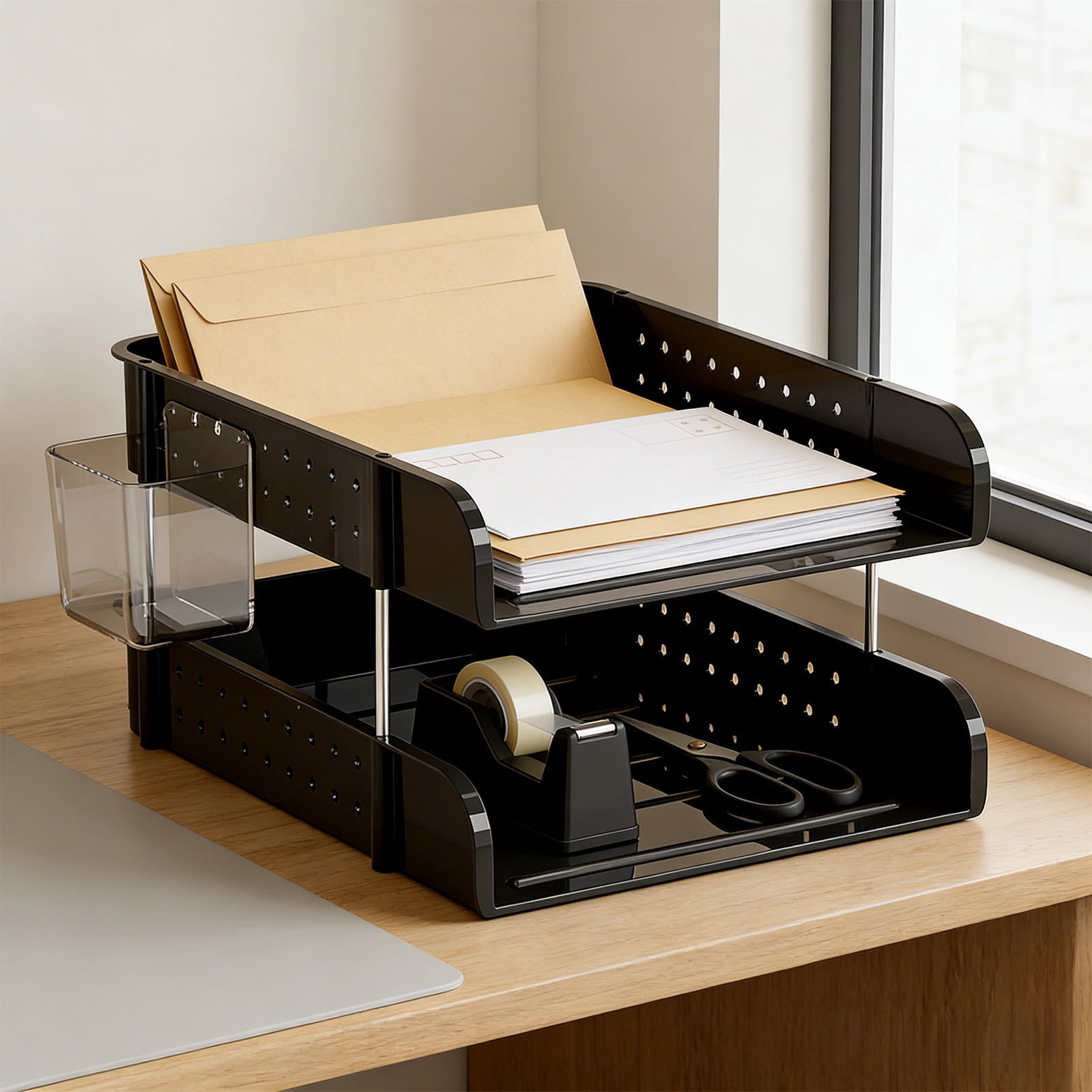Desk Organizers with Pen Holder, 2-Tier Paper Letter Tray Organizer with File Holder, Desktop Organizer for Office Supplies （Black）