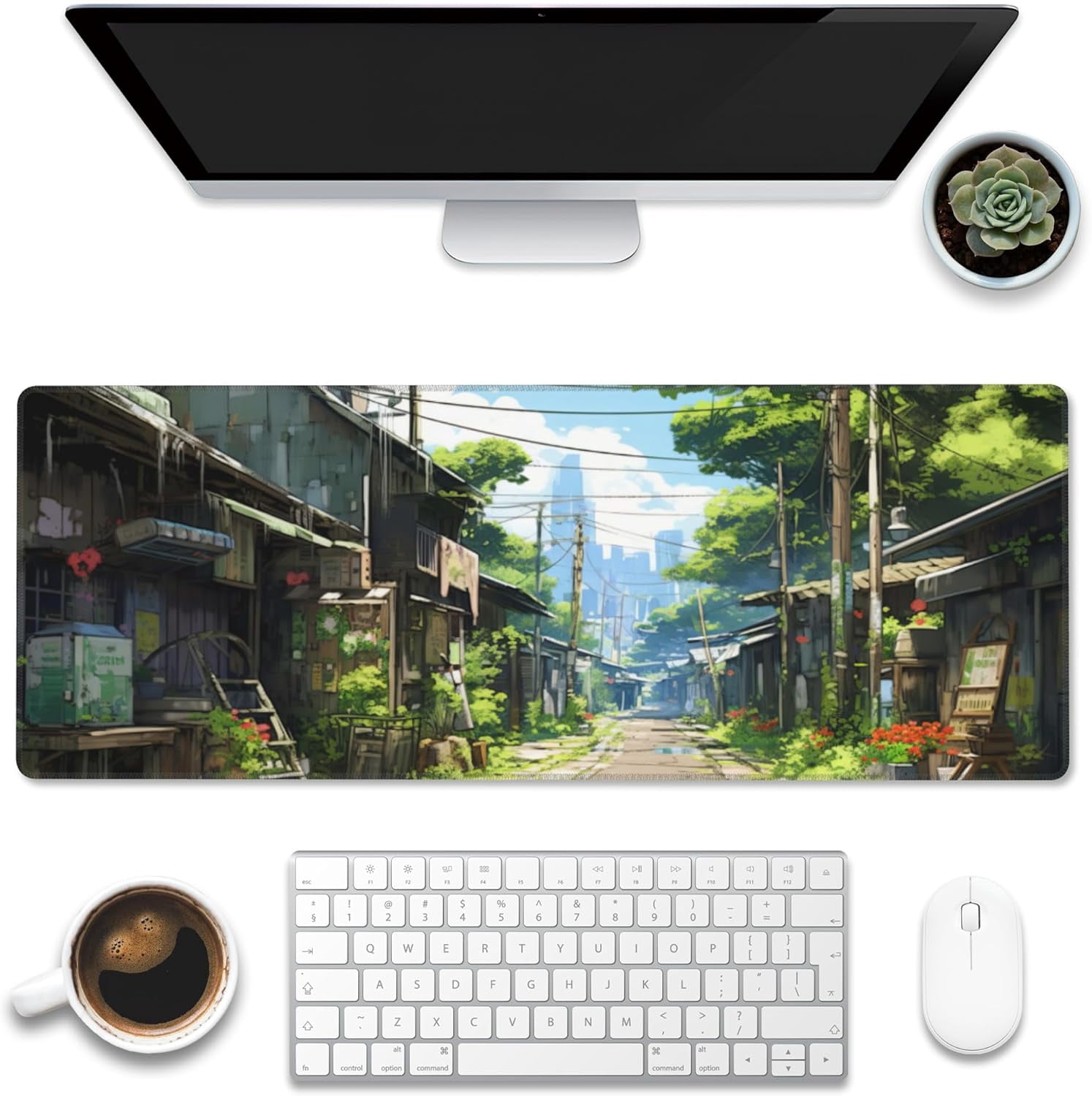 Desk Pad,Anime Abandoned Town Desk Mat,Anime Street Scene Large Gaming Mouse Pad for Desk,Extended Big Computer Keyboard Mouse Pad with Non-Slip Base and Stitched Edge,31.5"x11.8"
