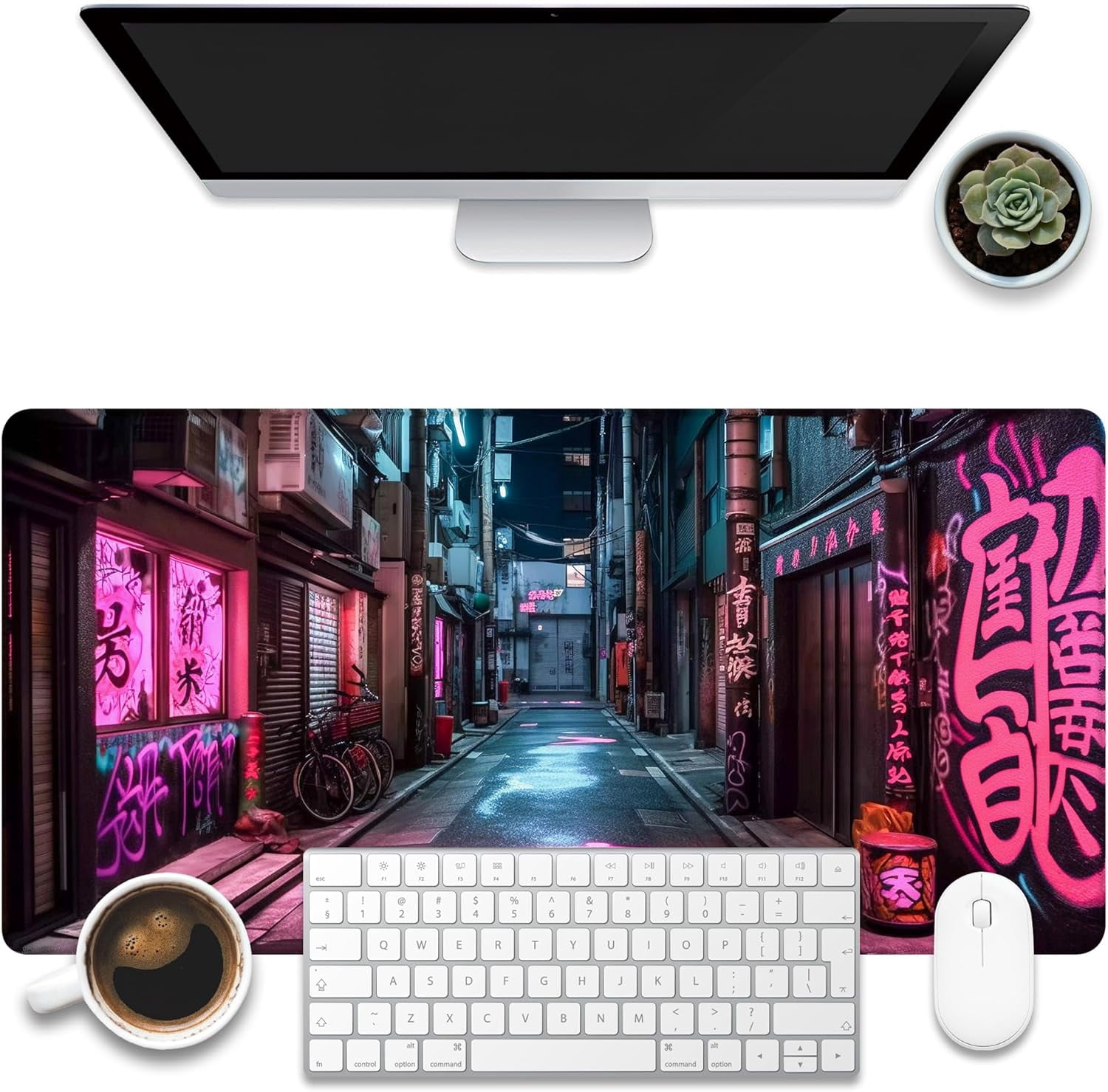 Desk Pad, Anime City Street Scene Desk Mat, Pink Neon Street Large Gaming Mouse Pad for Desk, 31.5"x11.8" Extended Big Computer Keyboard Mouse Pad with Non-Slip Base and Stitched Edge