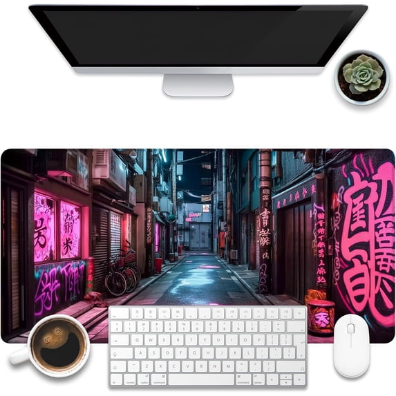 Desk Pad, Anime City Street Scene Desk Mat, Pink Neon Street Large Gaming Mouse Pad for Desk, 31.5"x11.8" Extended Big Computer Keyboard Mouse Pad with Non-Slip Base and Stitched Edge