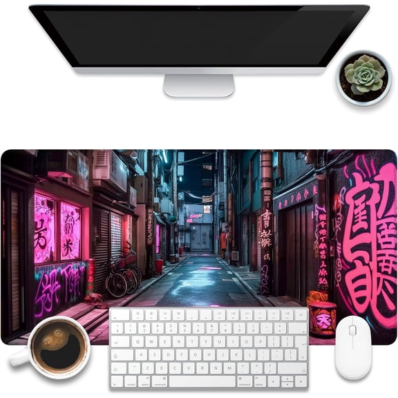 Desk Pad, Anime City Street Scene Desk Mat, Pink Neon Street Large Gaming Mouse Pad for Desk, 31.5"x15.7" Extended Big Computer Keyboard Mouse Pad with Non-Slip Base and Stitched Edge