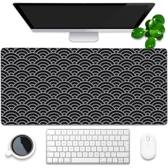 Desk Pad, Black and Silver Fan-Shaped Waves Extended Gaming Mouse Pad Large, 35.4"x15.7" Big Mouse Pad with Non-Slip Base and Stitched Edge, Long Computer Keyboard Mouse Mat for Home Office Work
