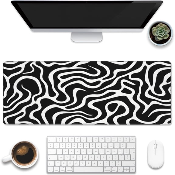Desk Pad,Black White Swirled Waves Desk Mat,Doodle Lines Large Gaming Mouse Pad for Desk,Extended Big Computer Keyboard Mouse Pad with Non-Slip Base and Stitched Edge,31.5"x11.8"