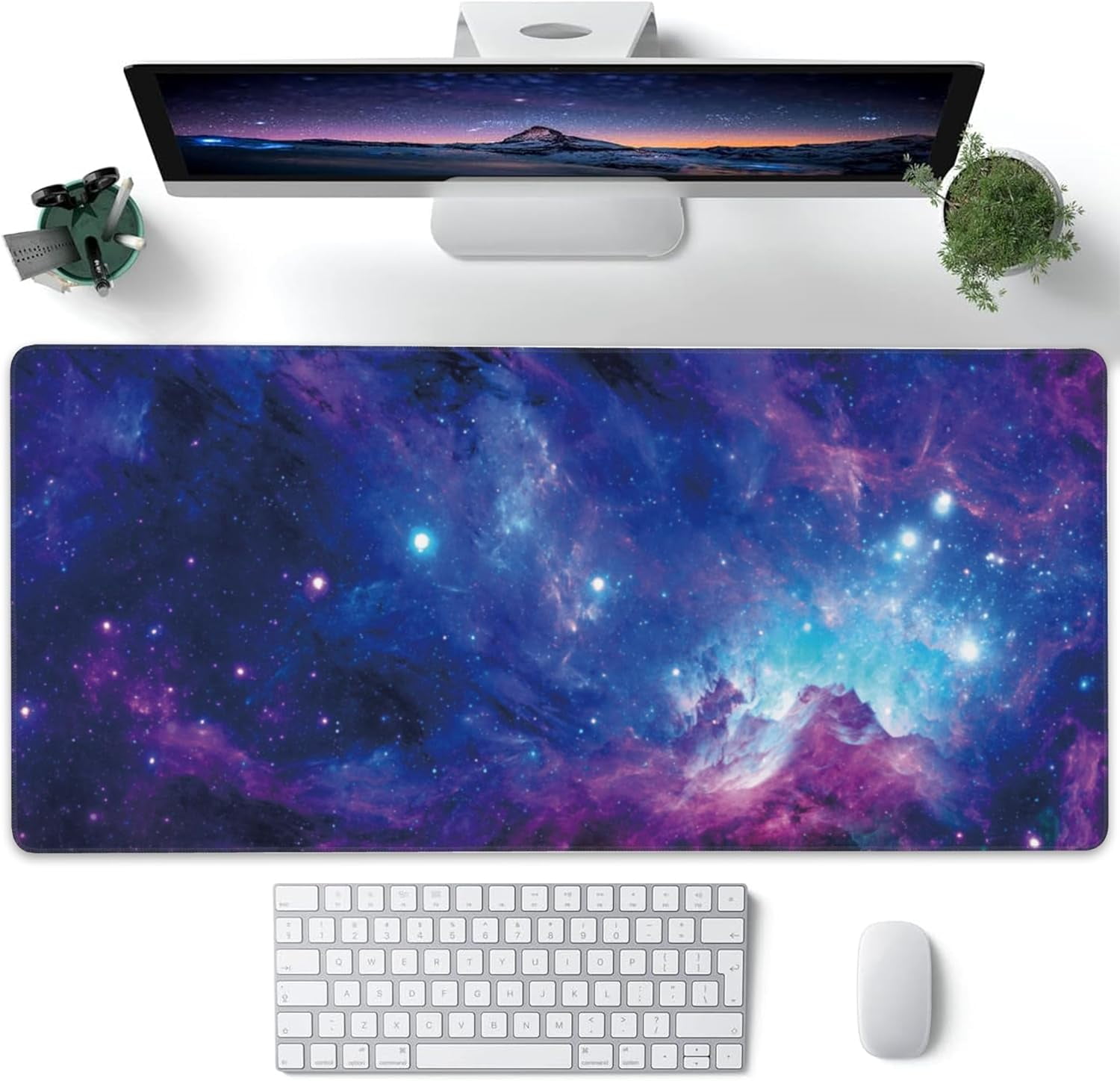 Desk Pad, Blue Purple Nebula and Stars Extended Large Gaming Mouse Pad for Desk XXL, Large Desk Mat for Desktop with Non-Slip Rubber Base Stitched Edges for Computer Keyboard Home Office 35.4"X15.7"