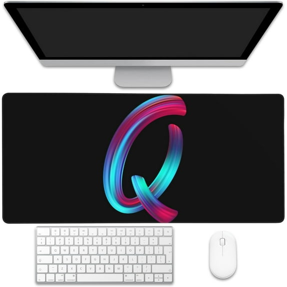 Desk Pad, Colorful Letter Q Extended Gaming Mouse Pad Large, 35.4"x15.7" Big Mouse Pad with Non-Slip Base and Stitched Edge, Long Computer Keyboard Mouse Mat for Home Office Work