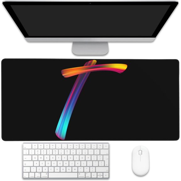 Desk Pad, Colorful Letter T Extended Gaming Mouse Pad Large, 35.4"x15.7" Big Mouse Pad with Non-Slip Base and Stitched Edge, Long Computer Keyboard Mouse Mat for Home Office Work