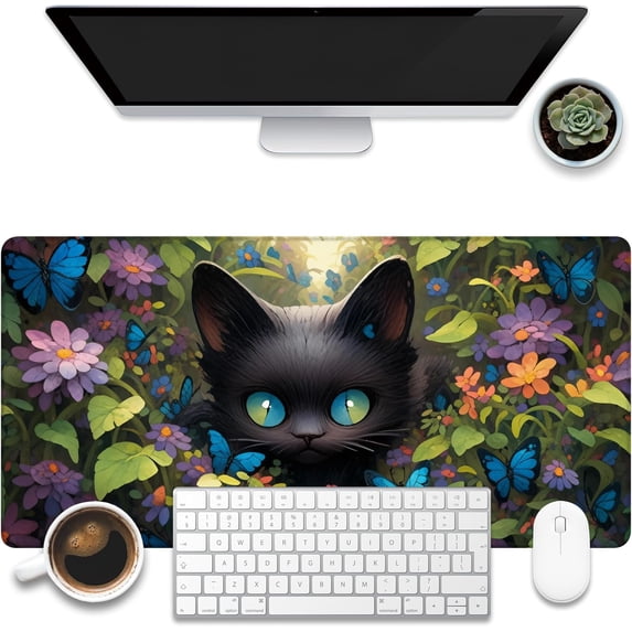Desk Pad, Cute Black Cat Desk Mat, Cat Among Butterfly Flowers Large Gaming Mouse Pad for Desk, 31.5"x11.8" Extended Big Computer Keyboard Mouse Pad with Non-Slip Base and Stitched Edge