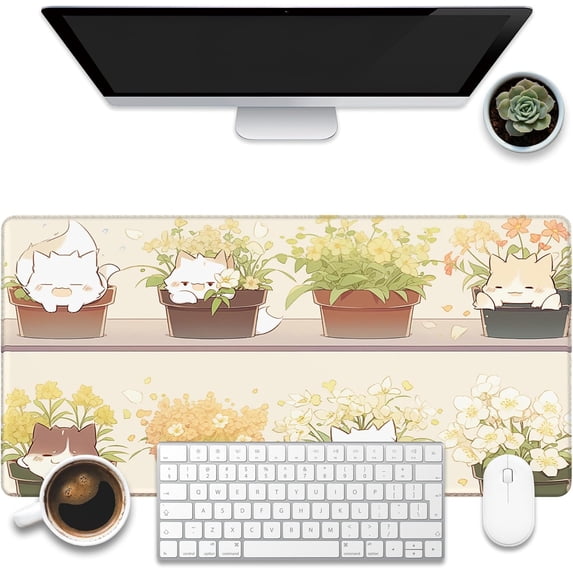 Desk Pad, Cute Cat Potted Plant Desk Mat, Anime Kawaii Cat Large Gaming Mouse Pad for Desk, 31.5"x11.8" Extended Big Computer Keyboard Mouse Pad with Non-Slip Base and Stitched Edge