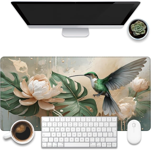 Desk Pad, Elegant Hummingbird Desk Mat, Oil Painting Flowers and Leaves Large Gaming Mouse Pad, 31.5"x11.8" Extended Big Computer Mouse Pad with Non-Slip Base and Stitched Edge