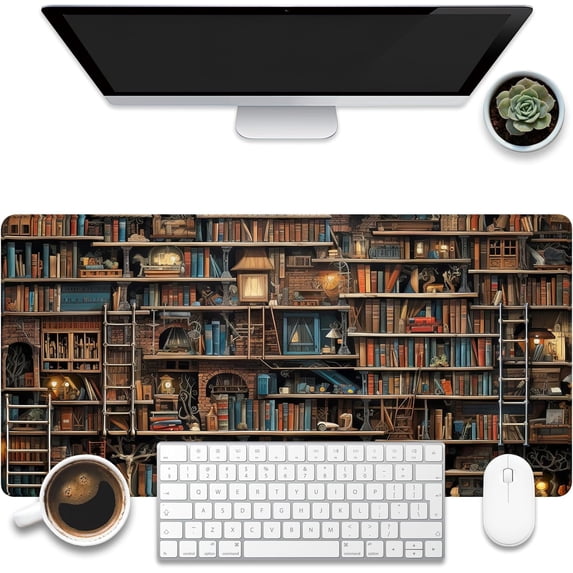 Desk Pad, Fantasy Shelves Desk Mat, Shelves Full of Books Large Gaming Mouse Pad for Desk, 31.5"x11.8" Extended Big Computer Keyboard Mouse Pad with Non-Slip Base and Stitched Edge
