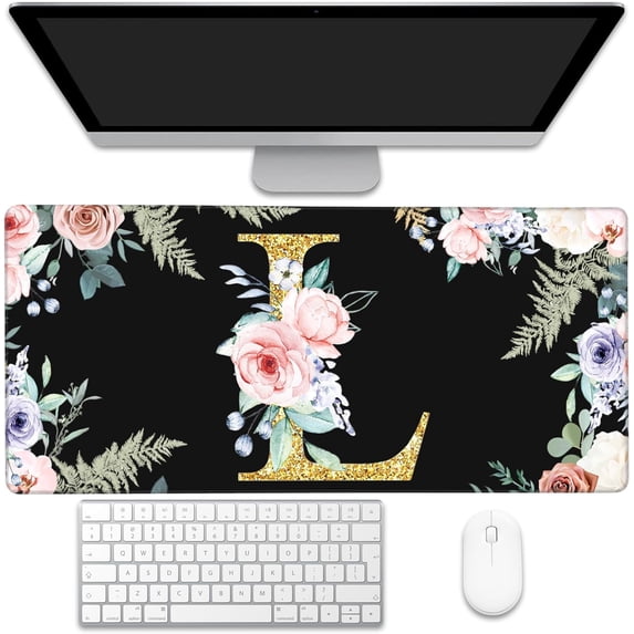 Desk Pad, Flower Golden Letters L Extended Gaming Mouse Pad Large, 35.4"x15.7" Big Mouse Pad with Non-Slip Base and Stitched Edge, Long Computer Keyboard Mouse Mat for Home Office Work