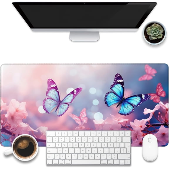 Desk Pad,Flying Blue Butterfly Desk Mat,Pink Cherry Blossom Branches Large Gaming Mouse Pad for Desk,31.5"x15.7" Extended Big Computer Keyboard Mouse Pad with Non-Slip Base and Stitched Edge