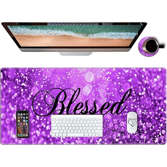 Desk Pad, Gaming Mouse Pad Extended Mouse Mat with Stitched Edge, AUOX Large Mousepad XL 31.5" x 11.8" Non-Slip Rubber Base Keyboard Pad for Laptop Office Computer Home & Coasters, Purple Glitter
