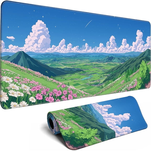 Desk Pad Gaming Mouse Pad Large for Desk Computer Pc Laptop Office Decor,Blue Sky Flowers and Plants Anime Keyboard Pad Stitched Edges Non-Slip Rubber Mat (31.5x11.8 in)