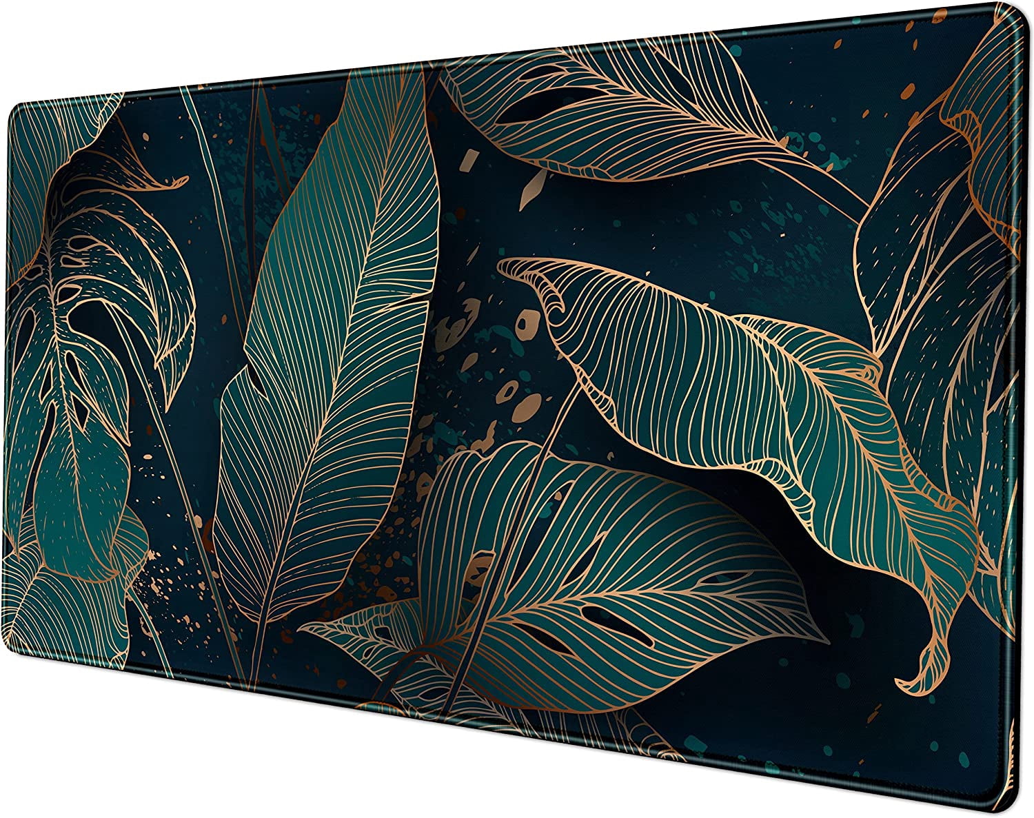 Desk Pad, Green Gold Palm Leaves Extended Gaming Mouse Pad Cute Large Desk Mat, Non-Slip Rubber Base Mousepad with Stitched Edges, Keyboard Mouse Mat Desk Pad for Game Office Home 31.5x15.75 in