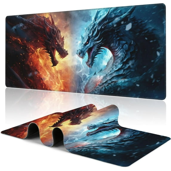 Desk Pad,Japanesev Anime Fire Ice Dragons Mouse Pad,31.5"X15.7" Extended Gaming Mouse Pad Mat with Stitched Edge Non-Slip Base Big Mouse Pad for Office Keyboard Laptop