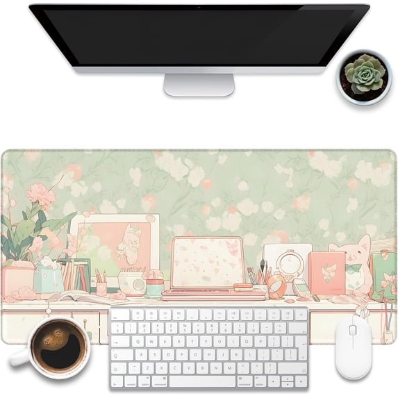 Desk Pad, Kawaii Anime Style Desk Mat, Green Cute Desktop Large Gaming Mouse Pad for Desk, 31.5"x11.8" Extended Big Computer Keyboard Mouse Pad with Non-Slip Base and Stitched Edge