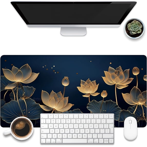 Desk Pad,Luxury Golden Lotus Line Arts Desk Mat,Dark Blue Background Large Gaming Mouse Pad for Desk,31.5"x11.8" Extended Big Computer Keyboard Mouse Pad with Non-Slip Base and Stitched Edge