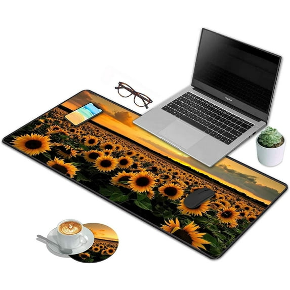 Desk Pad Mat Gaming Mouse Pads with Coasters Set, Stitched Edges Design Mouse Pad XXL Large Mouse Pad for Laptop Computers Sunflower Field Desk Writing Mat for Office & Home 31.5x 11.8