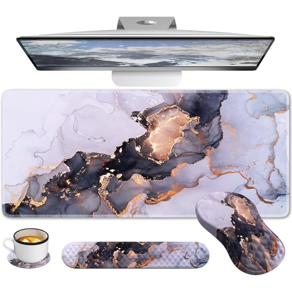 Desk Pad Mat, Large Mouse Pad with Wrist Rest, Ergonomic Keyboard Wrist Support, XXL Carpal Tunnel Mousepad Set with Coaster, Computer Keyboard Matt for Laptop Desktop, White Gray Marble