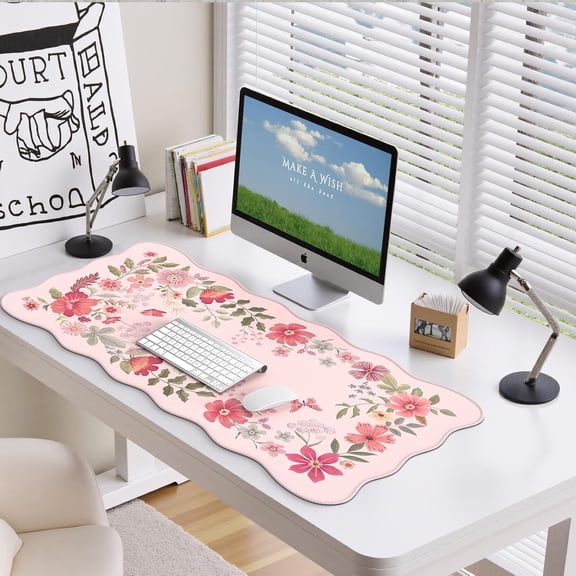 Desk Pad Mat, Pink Scalloped Desk Pad, Computer Desk Mat, Non-Slip Desk Pad for Keyboard and Mouse, Large Desk Mouse Pad with Egde Stitched, Waterproof Floral Keyboard Mat for Office (Hot Pink)