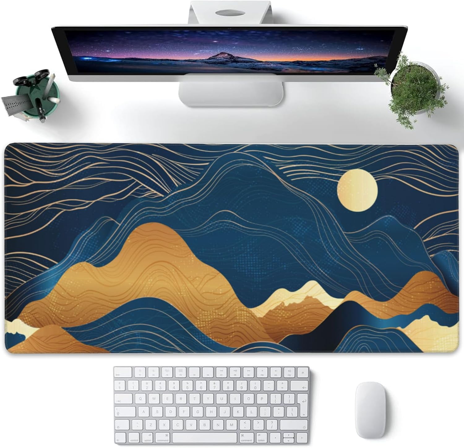 Desk Pad, Night Moon and Golden Mountains Extended Large Gaming Mouse Pad for Desk XXL, Large Desk Mat for Desktop with Non-Slip Rubber Base Stitched Edges for Home Office Desk 35.4"X15.7"