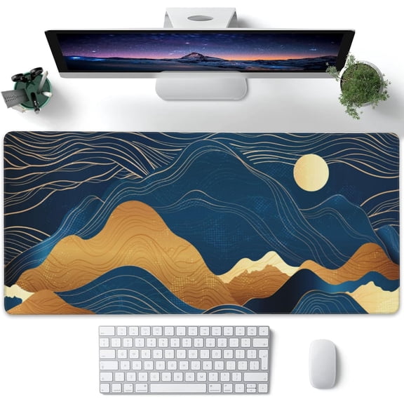 Desk Pad, Night Moon and Golden Mountains Extended Large Gaming Mouse Pad for Desk XXL, Large Desk Mat for Desktop with Non-Slip Rubber Base Stitched Edges for Home Office Desk 35.4"X15.7"