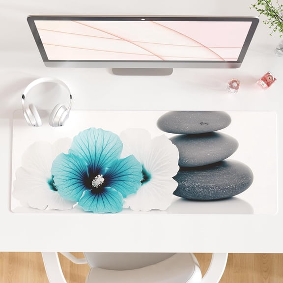 Desk Pad, Non-Slip PU Leather Desk Blotter Protector, Kids Floral Print Waterproof Computer Desk Mat, Thick Home & Office Large Keyboard Mouse Pad 31.5" x 11.8" - Pebbles & Blue White Flowers