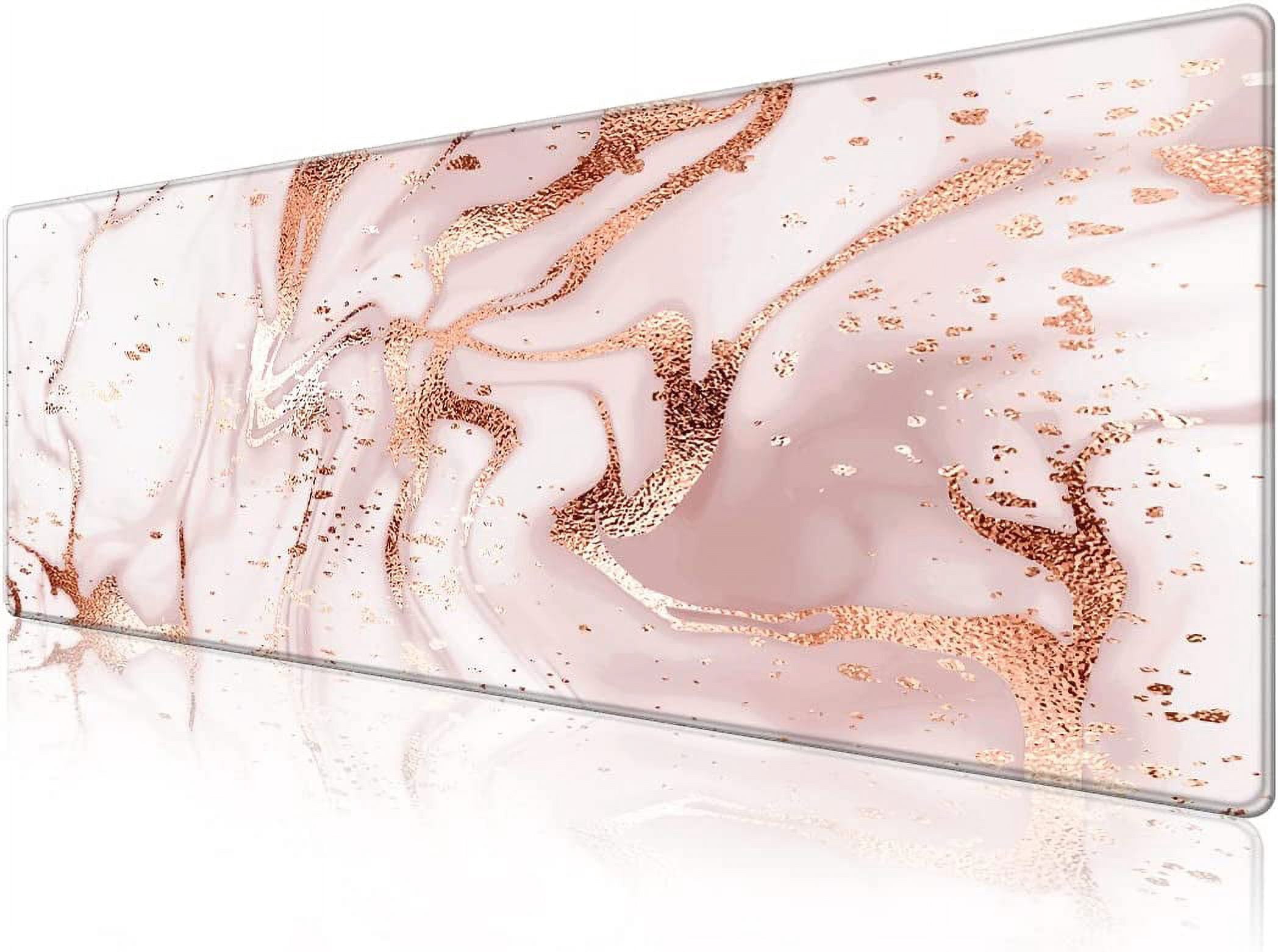 Desk Pad Protector,Mouse Pad with Non-Slip Rubber Base,Textured & Waterproof Mousepad with Stitched Edges,Large Desk mats for Computers,Office & Home,31.5 x 11.8 in,Rose Gold Marble