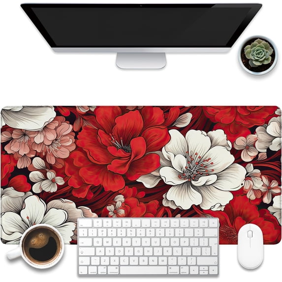 Desk Pad, Red and White Flowers Desk Mat, Retro Red Floral Large Gaming Mouse Pad, 31.5"x11.8" Extended Big Computer Keyboard Mouse Pad with Non-Slip Base and Stitched Edge