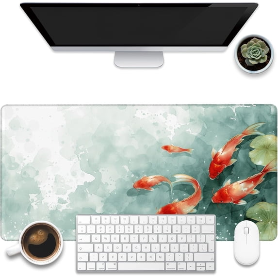 Desk Pad, Watercolor Koi Fish Desk Mat, Koi Fish in Pond Large Gaming Mouse Pad, 31.5"x11.8" Extended Big Computer Keyboard Mouse Pad with Non-Slip Base and Stitched Edge