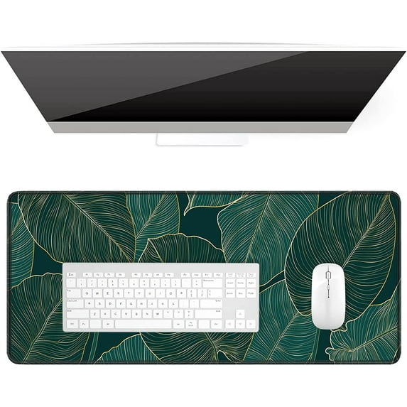 Desk Pad, XL Extended Large Gaming Mouse Pad 31.5 x 11.8 Inch, Waterproof Mousepad with Stitched Edge, Non-Slip Computer Keyboard Laptop Mat Teal Tropical Leaves