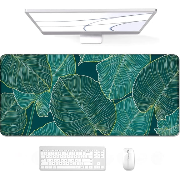 Desk Pad, XL Extended Large Gaming Mouse Pad 31.5 x 11.8 Inch, Waterproof Mousepad with Stitched Edge, Non-Slip Computer Keyboard Laptop Mat for Women Men Office Work, Teal Tropical Leaves