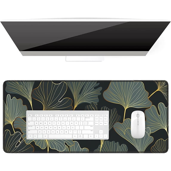Desk Pad, XL Extended Large Gaming Mouse Pad 31.5 x 11.8 Inch, Waterproof Mousepad with Stitched Edge, Non-Slip Computer Keyboard Laptop Mat for Women Men Office Work, Colorful Ginkgo Leaves