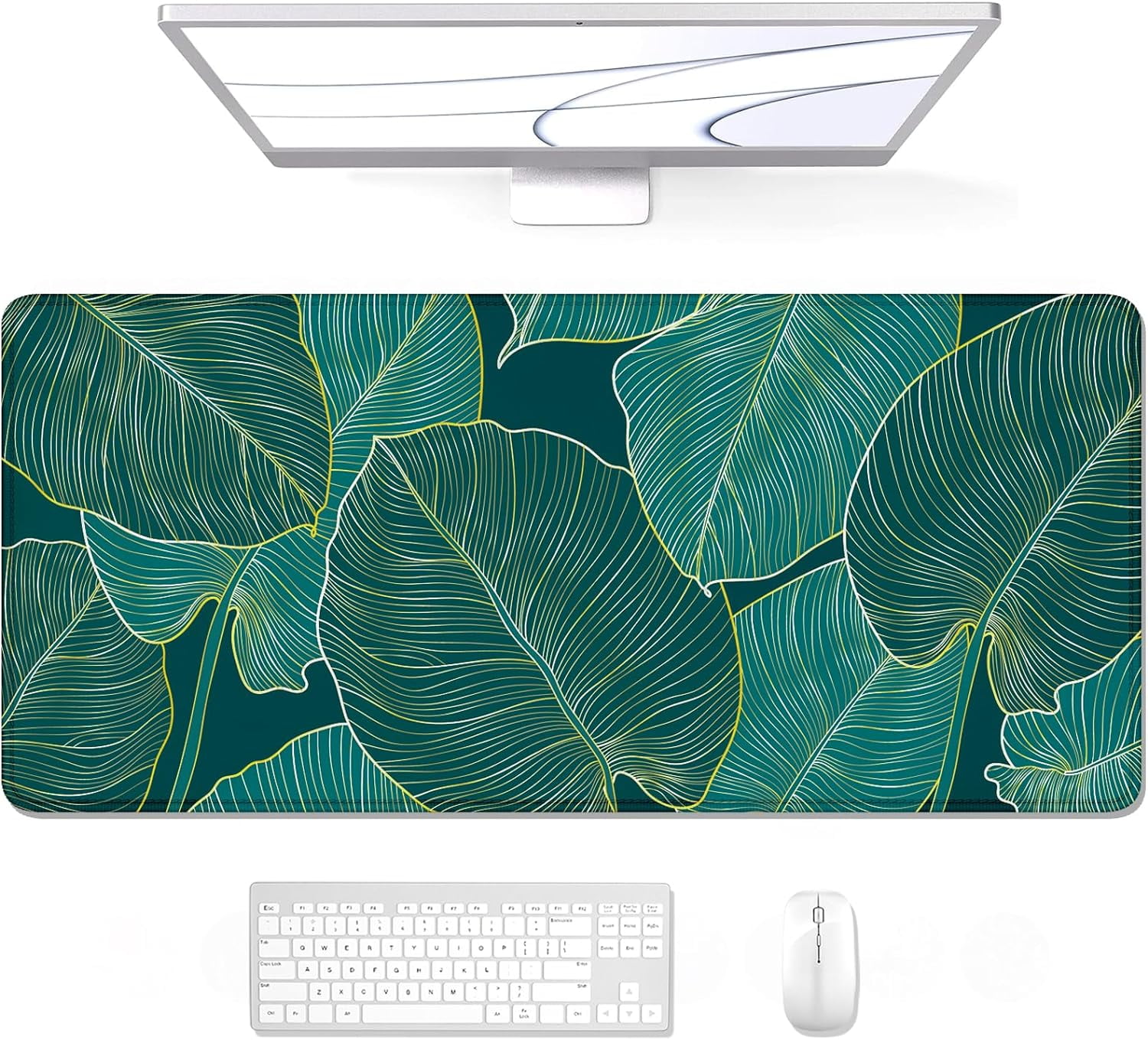 Desk Pad, XL Extended Large Gaming Mouse Pad 31.5 x 11.8 Inch, Waterproof Mousepad with Stitched Edge, Non-Slip Computer Keyboard Laptop Mat for Women Men Office Work, Teal Tropical Leaves