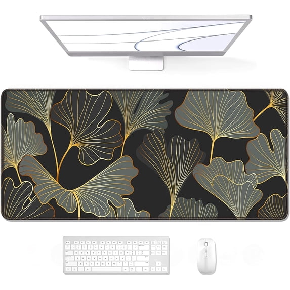 Desk Pad, XL Extended Large Gaming Mouse Pad 31.5 x 11.8 Inch, Waterproof Mousepad with Stitched Edge, Non-Slip Computer Keyboard Laptop Mat for Women Men Office Work, Colorful Ginkgo Leaves