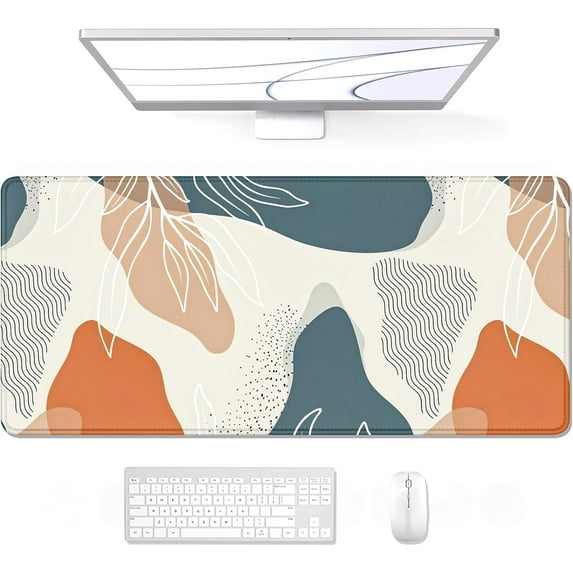 Desk Pad, XL Extended Large Gaming Mouse Pad 31.5 x 11.8 Inch, Waterproof Mousepad with Stitched Edges, Non-Slip Computer Keyboard Laptop Mat for Women Men Office Work, Abstract Art Leaves