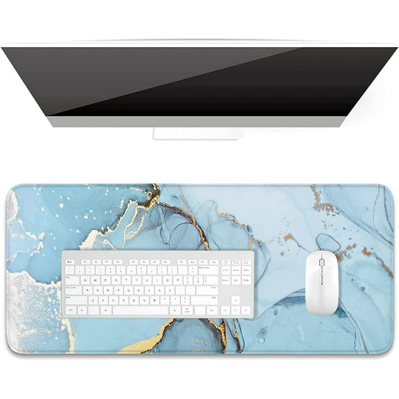 Desk Pad, XL Extended Large Gaming Mouse Pad 31.5 x 11.8 Inch, Waterproof Mousepad with Stitched Edges, Non-Slip Computer Keyboard Laptop Mat for Women Men Office Work, Blue Marble Design