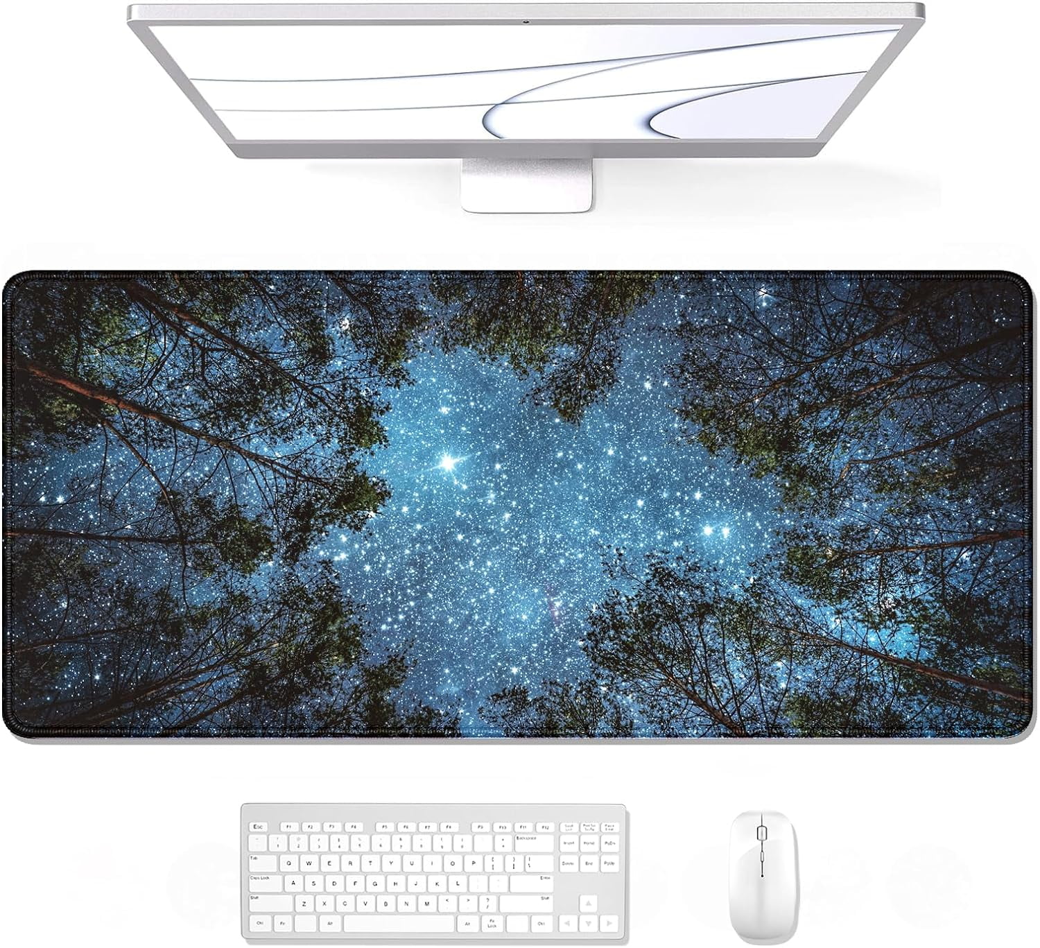 Desk Pad, XL Extended Large Gaming Mouse Pad 31.5 x 11.8 Inch, Waterproof Mousepad with Stitched Edges, Non-Slip Computer Keyboard Laptop Mat for Women Men Office Work, Silent Night Sky