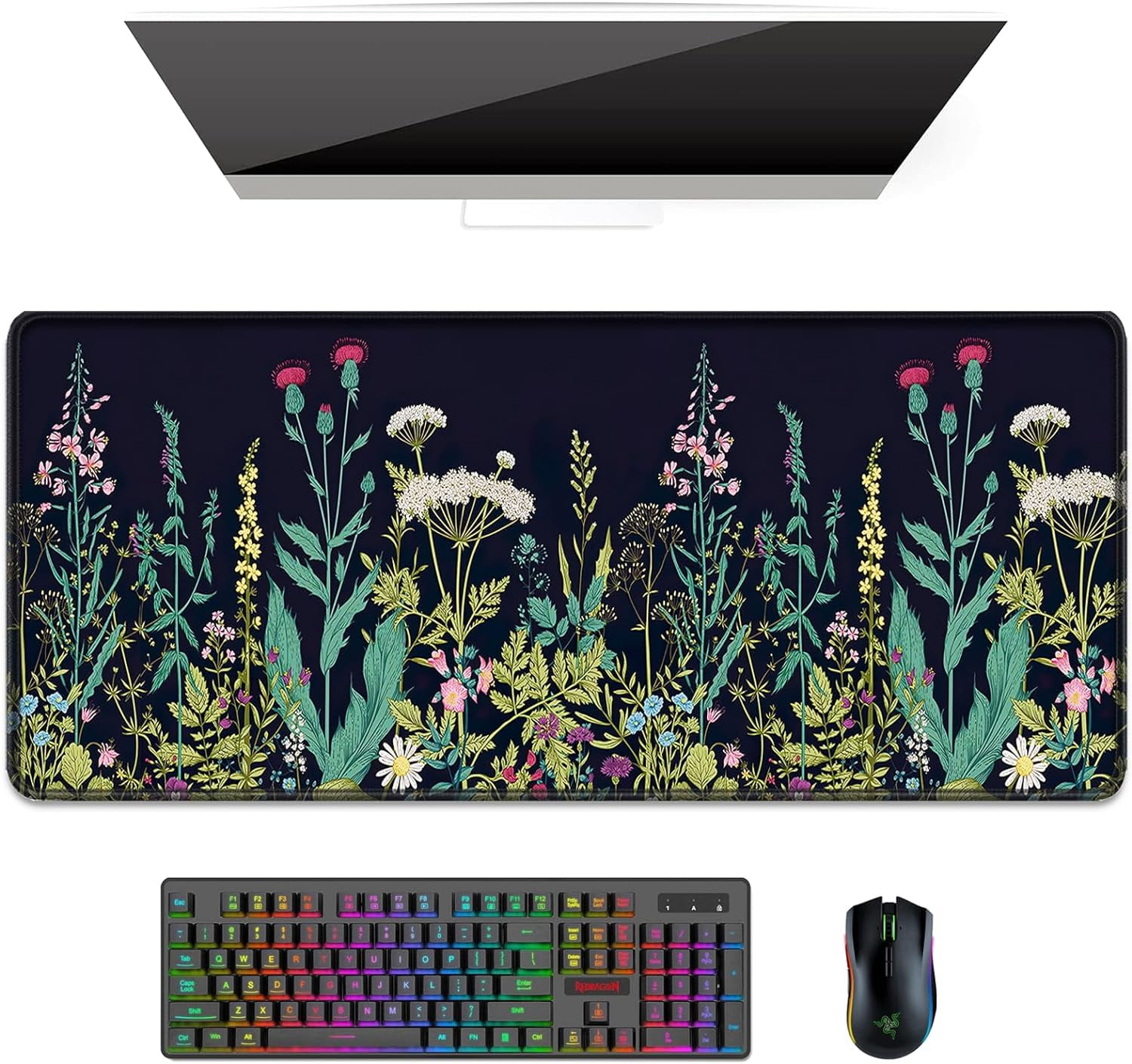 Desk Pad, XL Extended Large Gaming Mouse Pad 31.5 x 11.8 Inch, Waterproof Mousepad with Stitched Edges, Non-Slip Computer Keyboard Laptop Mat for Women Men Office Work, Silent Night Flowers