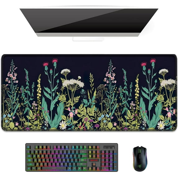 Desk Pad, XL Extended Large Gaming Mouse Pad 31.5 x 11.8 Inch, Waterproof Mousepad with Stitched Edges, Non-Slip Computer Keyboard Laptop Mat for Women Men Office Work, Silent Night Flowers