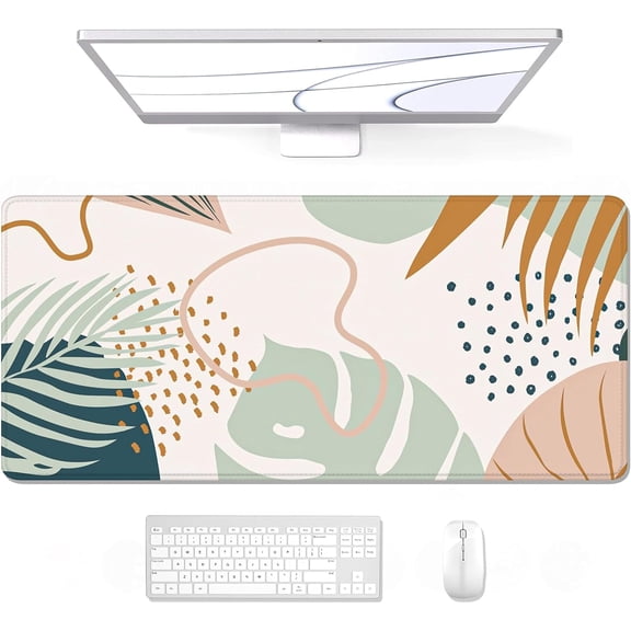 Desk Pad, XL Extended Large Gaming Mouse Pad 31.5 x 11.8 Inch, Waterproof Mousepad with Stitched Edges, Non-Slip Computer Keyboard Laptop Mat for Women Men Office Work, Boho Leaves Design