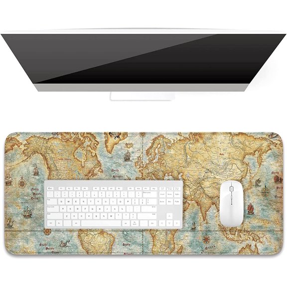 Desk Pad, XL Extended Large Gaming Mouse Pad 31.5 x 11.8 Inch, Waterproof Mousepad with Stitched Edges, Non-Slip Computer Keyboard Laptop Mat for Women Men Office Work, Vintage World Map