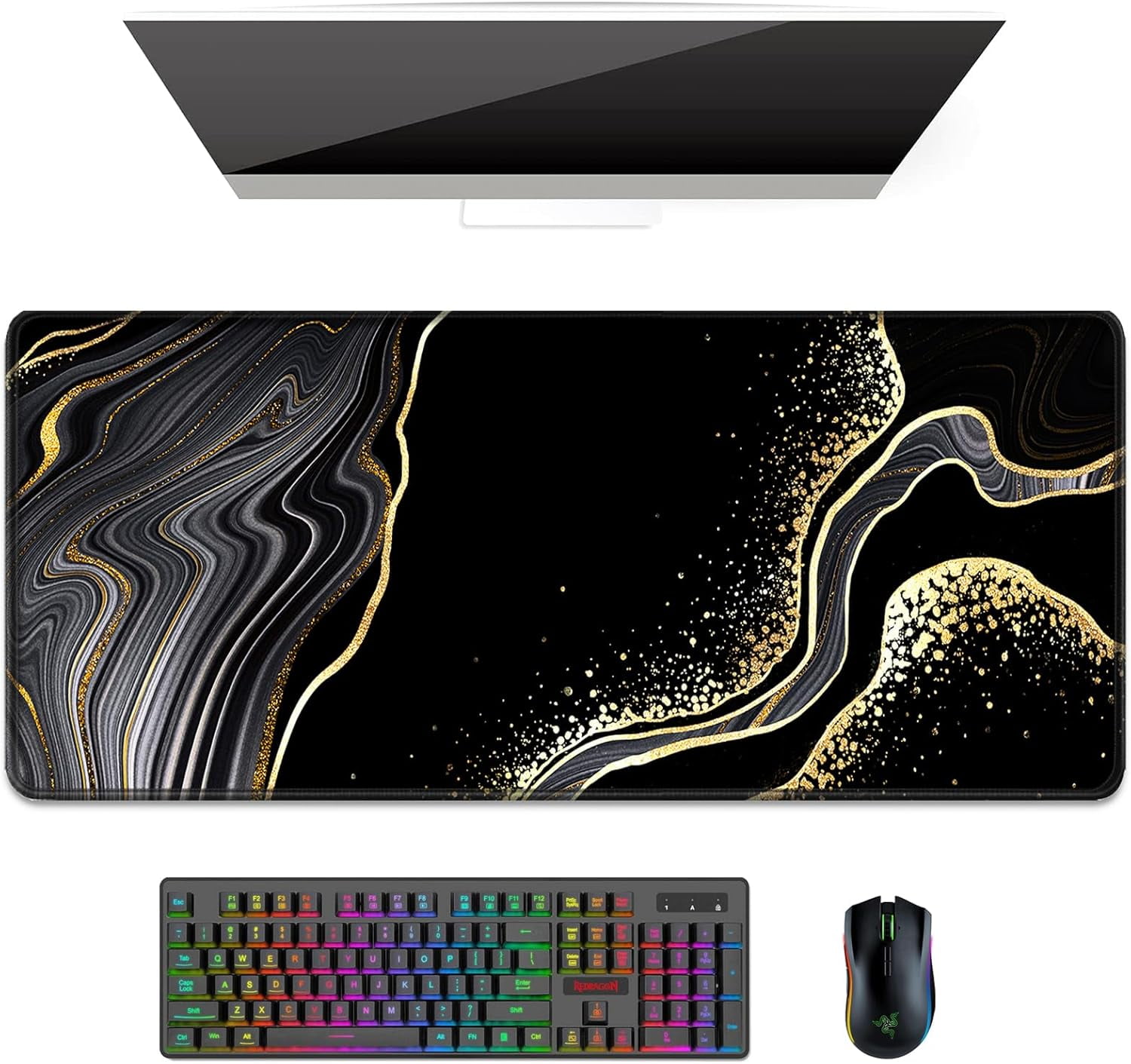 Desk Pad, XL Extended Large Gaming Mouse Pad 31.5 x 11.8 Inch, Waterproof Mousepad with Stitched Edges, Non-Slip Computer Keyboard Laptop Mat for Women Men Office Work, Black Gold River